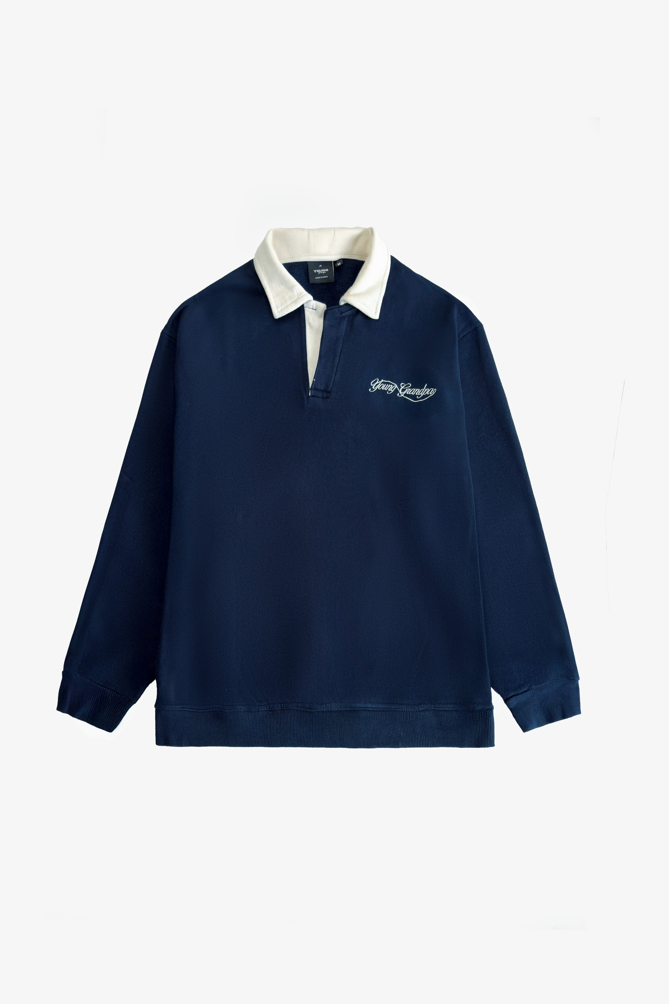 Navy blue rugby shirt with white collar on a light gray background