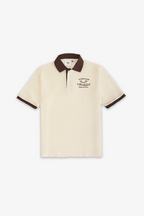 Beige polo shirt with brown accents on a white background