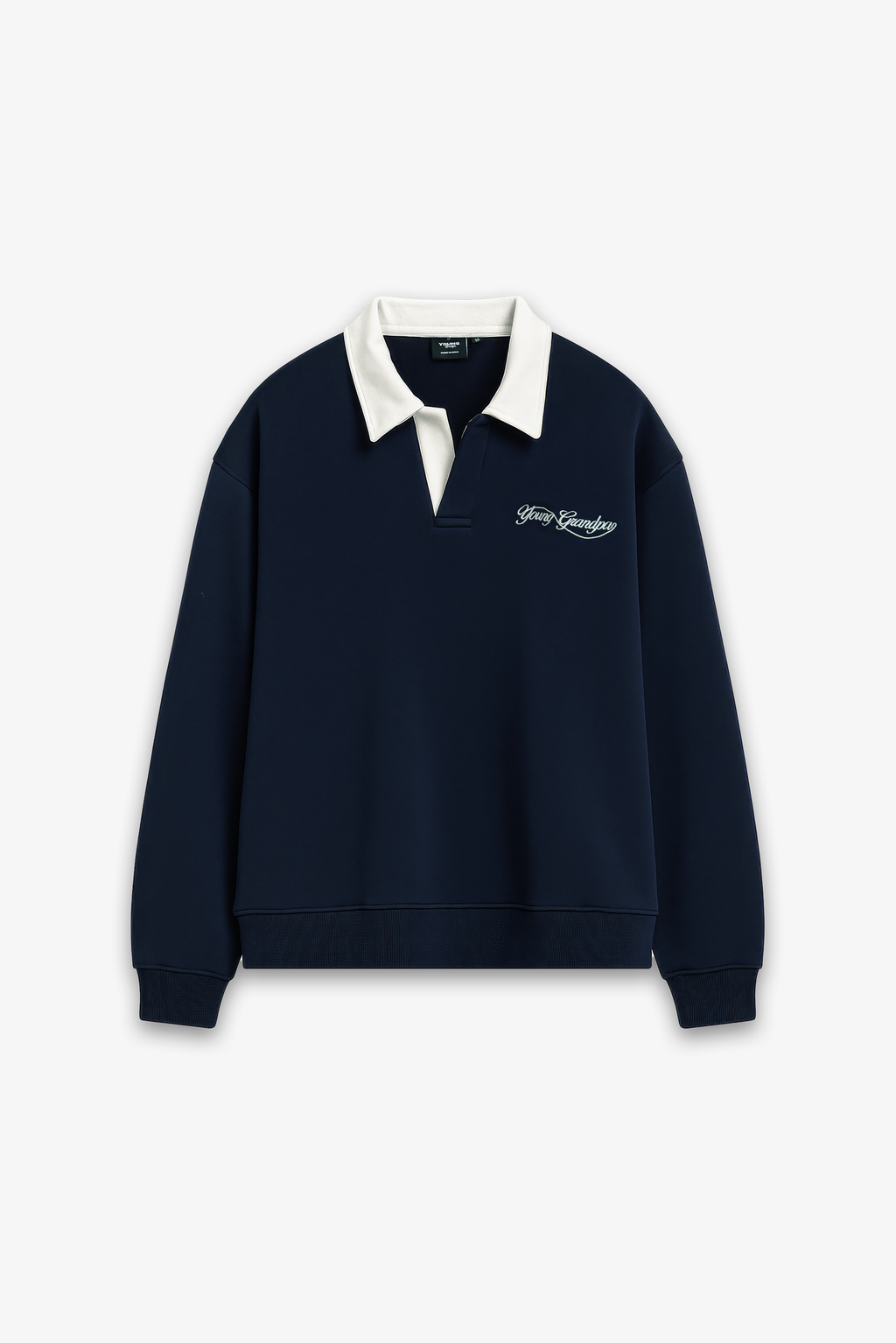 Navy sweater with white collar and logo on a light gray background